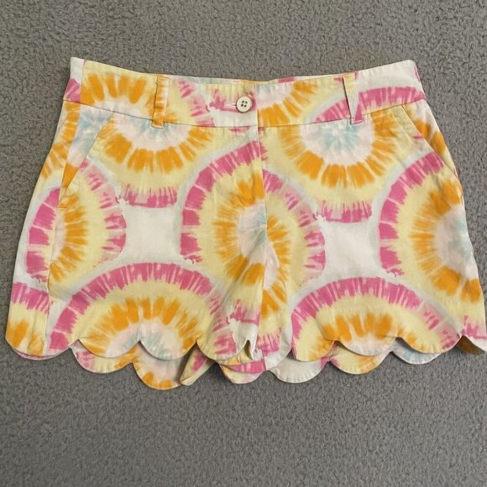Crown & Ivy Womens 6 Shelby Scalloped Tie-Dye Shorts Pink Orange